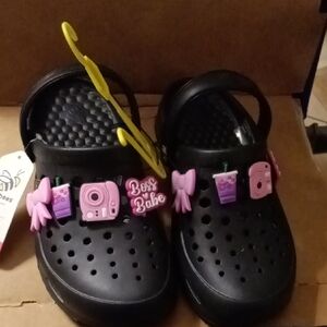 Women's Joybers Black Clogs with Pink and Purple Charms